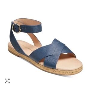 Jack Rogers Blue Leather Tan Slotted Sloane Espadrille‎ Sandals Size 7.5M